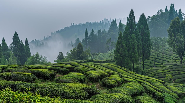 Foto uma exuberante plantação de chá verde nas montanhas as fileiras cuidadosamente cuidadosas de arbustos de chá estão cercadas por altas árvores e envoltas em névoa