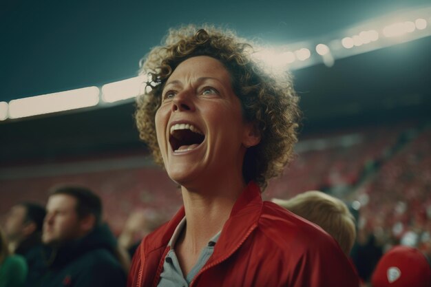 Uma fã de cabelos curtos exuberante e apaixonada mostra emoções não filtradas de alegria e excitação apoiando fervorosamente sua equipe com um fã na frente do estádio durante uma partida carregada