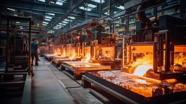 Uma fábrica cheia de inúmeras máquinas envolvida em chamas.