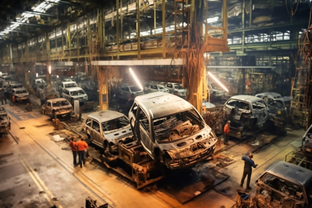 Foto uma fábrica com carros na linha de produção