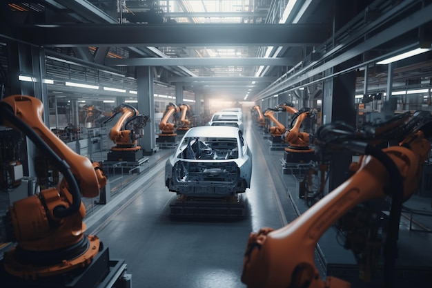 Uma fábrica de automóveis com muitos carros na linha de montagem Generative AI