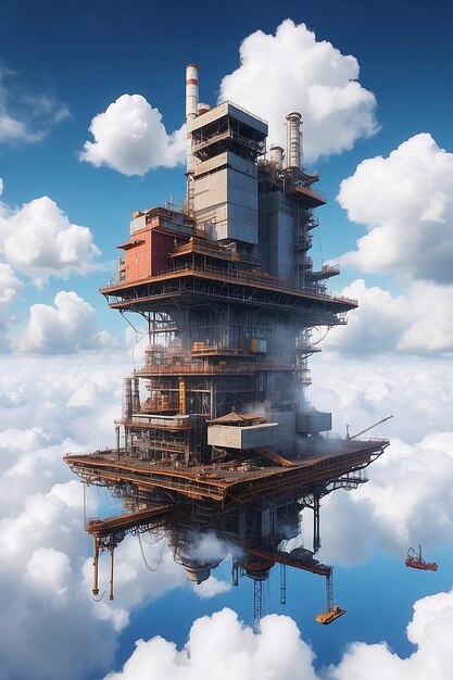 Foto uma fábrica nas nuvens produzindo nuvens elas mesmas com plataformas flutuantes para os trabalhadores