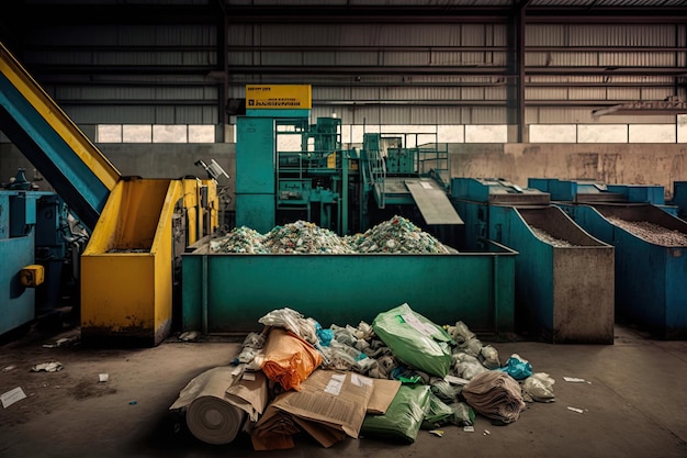 Foto uma fábrica onde diferentes tipos de materiais recicláveis são separados e reciclados em novos produtos