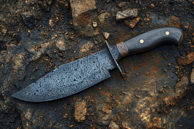 Uma faca de cozinha elegante de aço Damasco numa placa de madeira