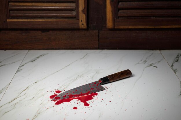 Uma faca de cozinha manchada de sangue no chão da cozinha