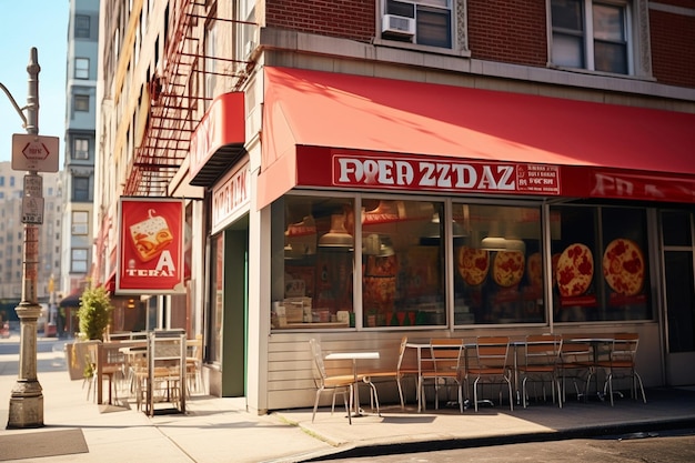 Foto uma fachada de uma pizzeria com um grande sinal anunciando pizzas de carne
