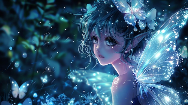 Uma fada de anime com cabelo azul e asas de borboleta brilhantes