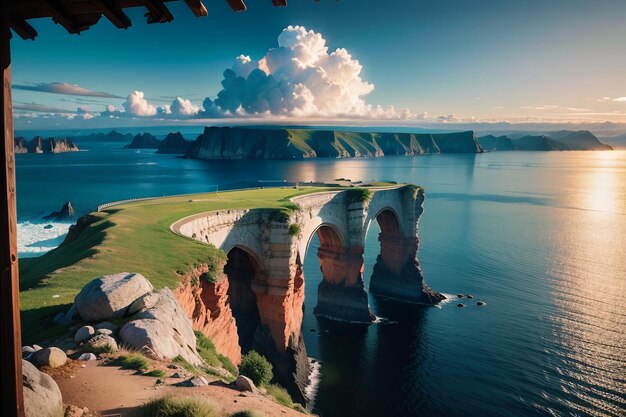 Uma falésia com vista para o mar e céu nublado