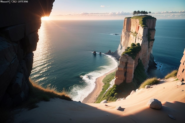 Uma falésia com vista para o mar e o pôr do sol