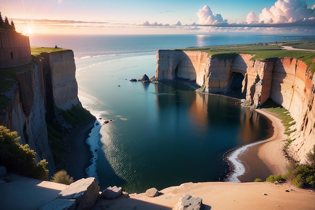 Uma falésia com vista para o mar e para o céu ao entardecer.