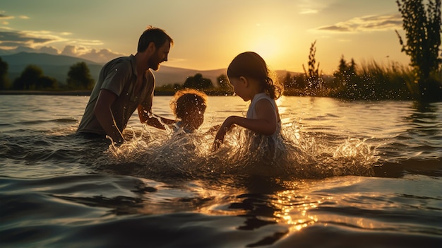 Foto uma família a brincar na água.