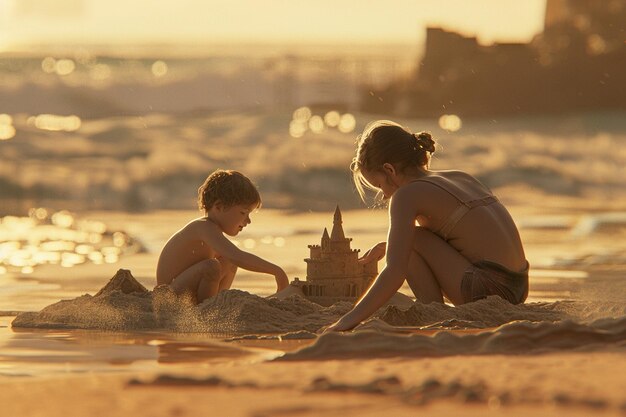 Uma família a construir um castelo de areia na praia