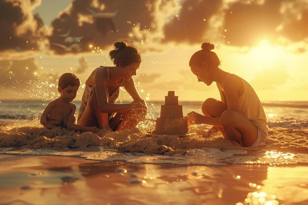 Uma família a construir um castelo de areia na praia