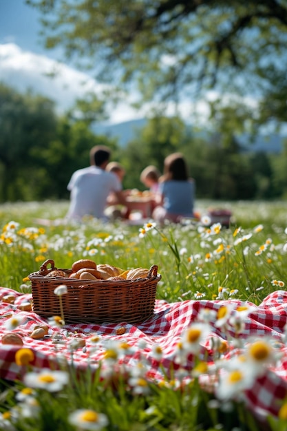 Foto uma família a desfrutar de um piquenique num prado em flor