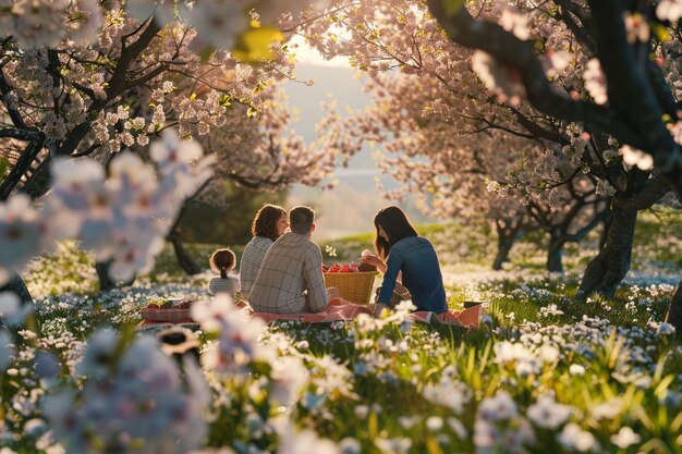 Uma família a desfrutar de um piquenique numa cereja em flor ou