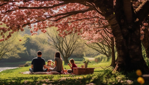 uma família a desfrutar de um piquenique sob árvores em flor