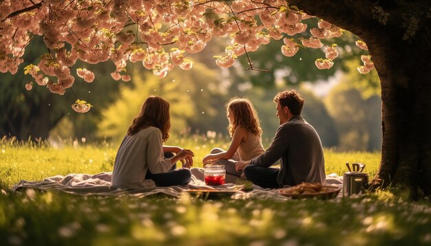 uma família a desfrutar de um piquenique sob árvores em flor