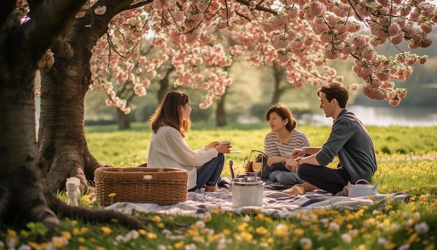 uma família a desfrutar de um piquenique sob árvores em flor