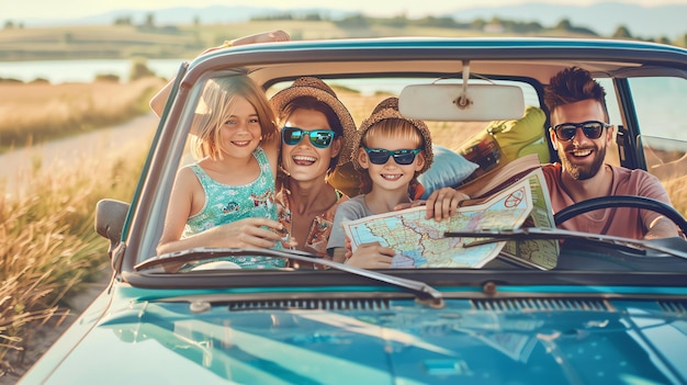 Uma família a desfrutar de uma viagem de carro. Estão a sorrir e a rir e a olhar para um mapa.