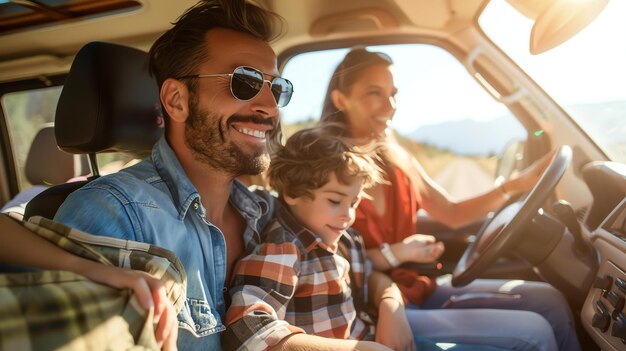 Uma família a desfrutar de uma viagem de carro, todos sorrindo e felizes, o sol a brilhar pela janela.