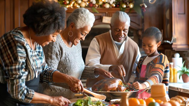 Foto uma família afro-americana está reunida na cozinha preparando uma refeição de ação de graças