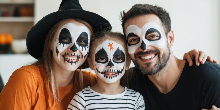 Foto uma família alegre comemorando o halloween com rostos de crânios pintados e trajes festivos capturando o espírito da temporada assustadora