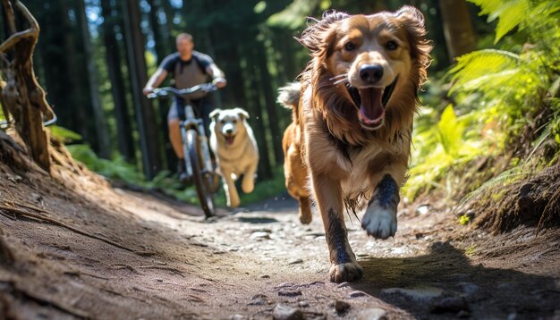 Foto uma família alegre de cães de raça pura a correr ao sol gerado pela ia.