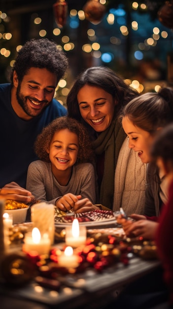 Uma família alegre desfrutando de um banquete na mesa de jantar com decorações de Natal