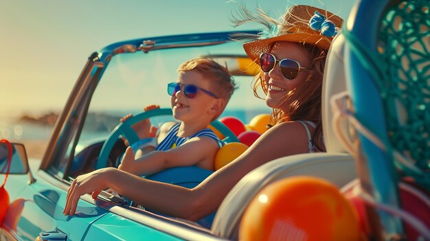 Foto uma família alegre em um carro conversível vai de férias para o mar crianças têm cor generativa ai