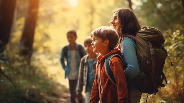 Uma família alegre foi caminhar no deserto com mochilas Generative Ai