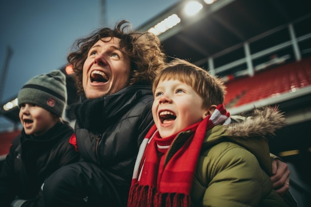 Uma família alegre posicionada em frente ao estádio compartilha um momento de genuíno entusiasmo e júbilo ao aplaudir de todo o coração sua equipe durante a partida