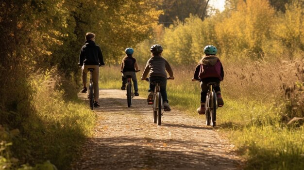 Uma família anda de bicicleta em uma trilha.