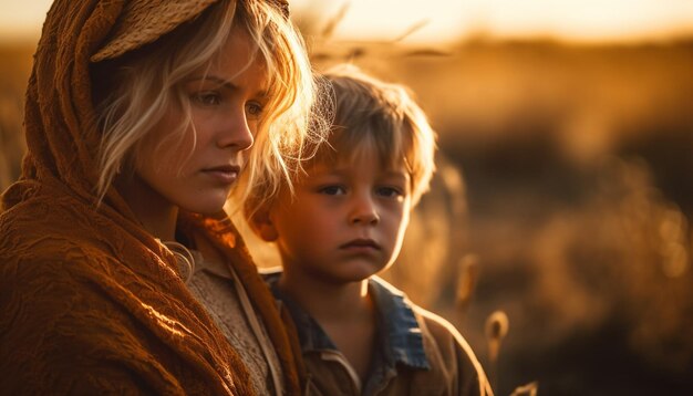 Uma família aproveita o pôr do sol ao ar livre, unindo-se e vivenciando a união gerada pela IA