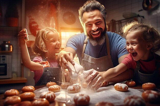 Foto uma família assando donuts juntos na cozinha