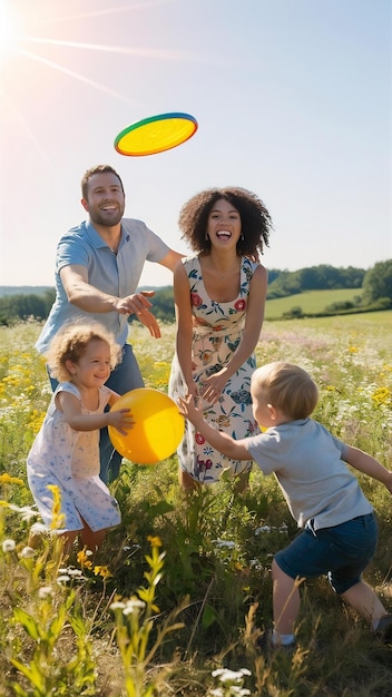 Uma família bonita a brincar num campo de verão.