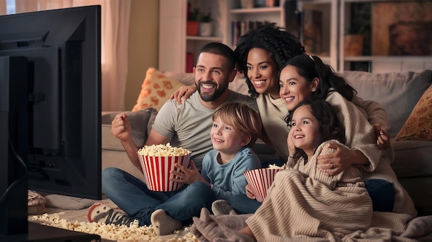 Uma família bonita a ver um filme juntos.