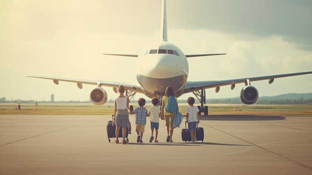 Uma família caminha em direção a um avião que traz a palavra aeroporto.