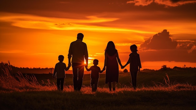 Uma família caminha em um campo ao pôr do sol