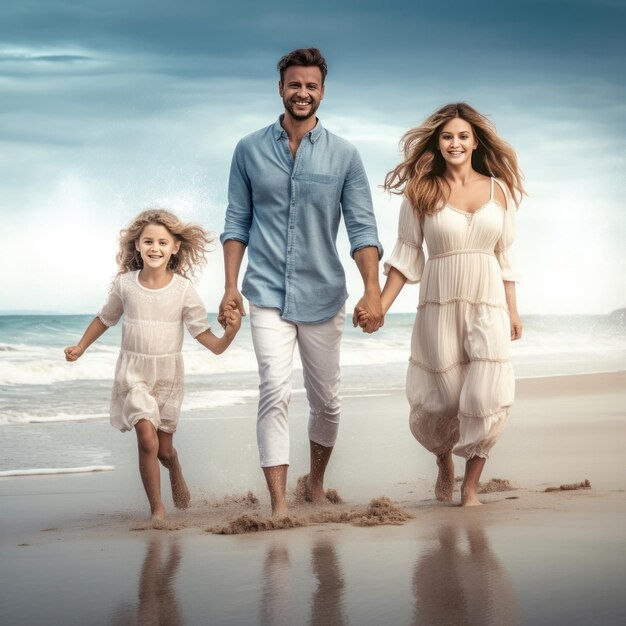 Uma família caminha na praia com as mãos para o alto.