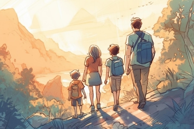 Uma família caminha por um caminho com montanhas ao fundo.