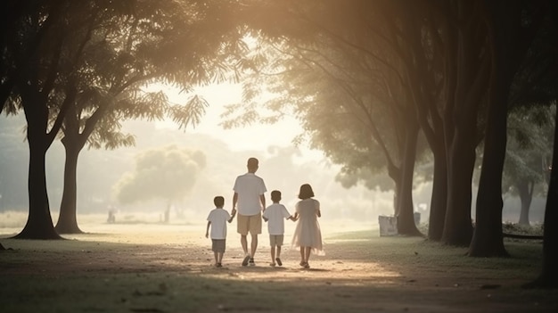 Uma família caminha por um caminho em um parque com o sol brilhando por entre as árvores.