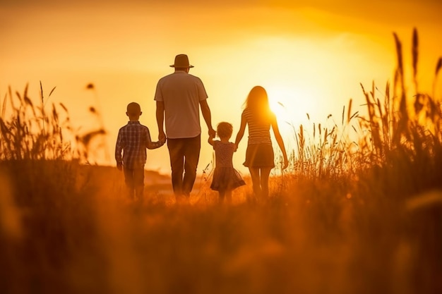 Uma família caminha por um campo ao pôr do sol.