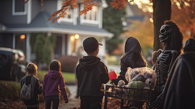 uma família caminha por uma rua com um carrinho cheio de bichos de pelúcia.