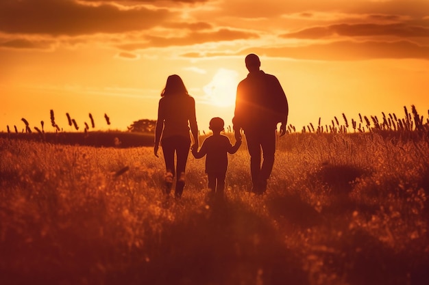 Uma família caminhando em um campo com o sol se pondo atrás deles