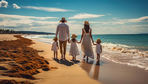 uma família caminhando na praia com duas crianças de mãos dadas