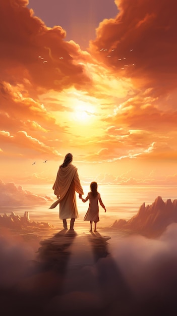 Uma família caminhando para o céu ao pôr do sol generativa AI
