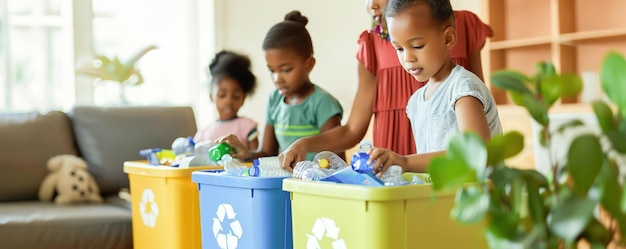 Uma família classifica os produtos recicláveis em caixas designadas para mostrar hábitos ecológicos em casa enquanto ensina