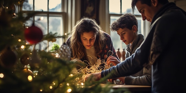 Uma família colocando luzes em uma árvore de Natal IA generativa