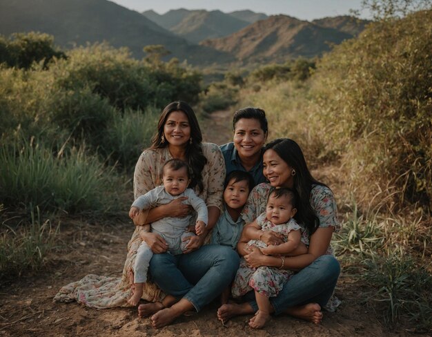 uma família com dois filhos e um tem um bebé no colo