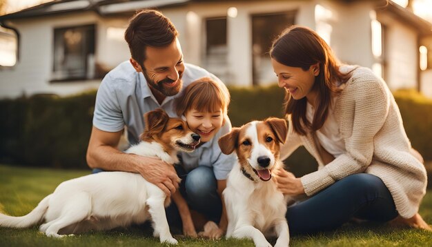 uma família com o seu cão e um cão